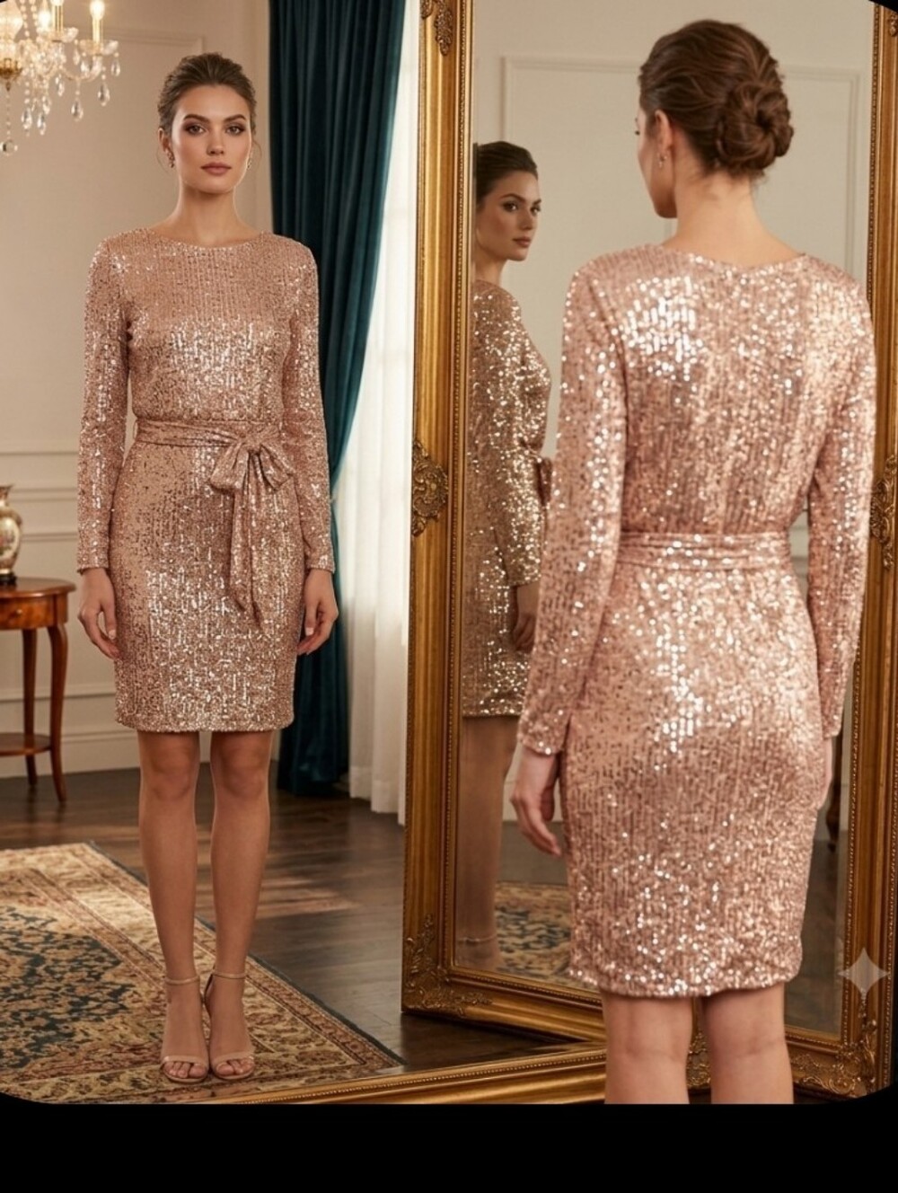 Blush Pink Sequin Knee-length Dress M Belted Crystal Sky Sparkly